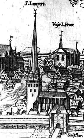 Die St. Lambertikirche auf einem Kupferstich aus dem Jahre 1654 (Ausschnitt), Blick von Süden.